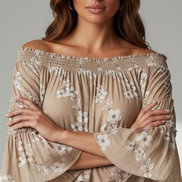 Umgee Tops - UMGEE USA Tan Flowy Off-the-Shoulder Top (Small) - Flowy Boho Chic